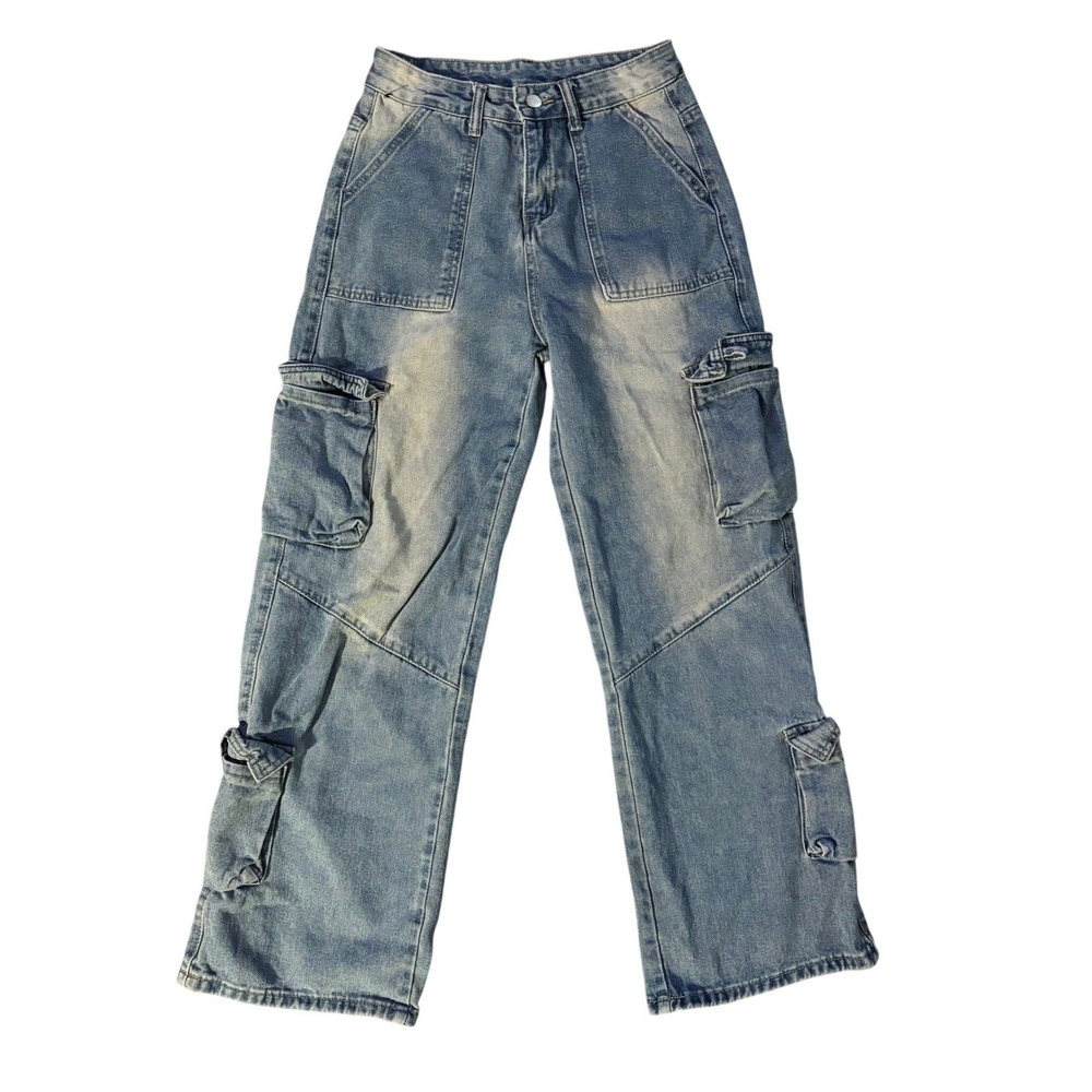Women's Light Wash Denim Cargo Pants Relaxed Fit Wide Leg Jeans Size M